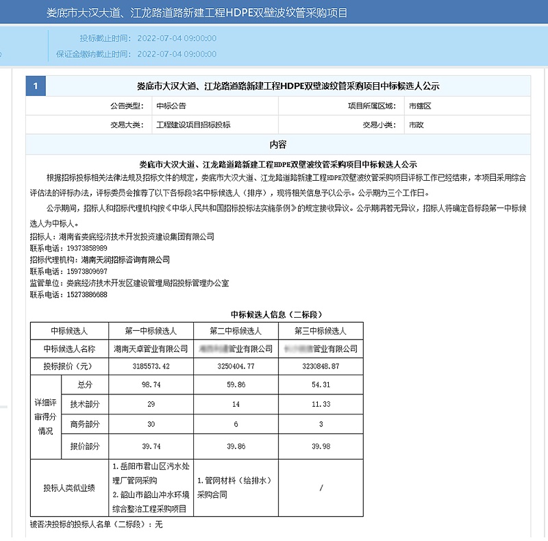 婁底市大漢大道、江龍路道路新建工程HDPE雙壁波紋管采購項目